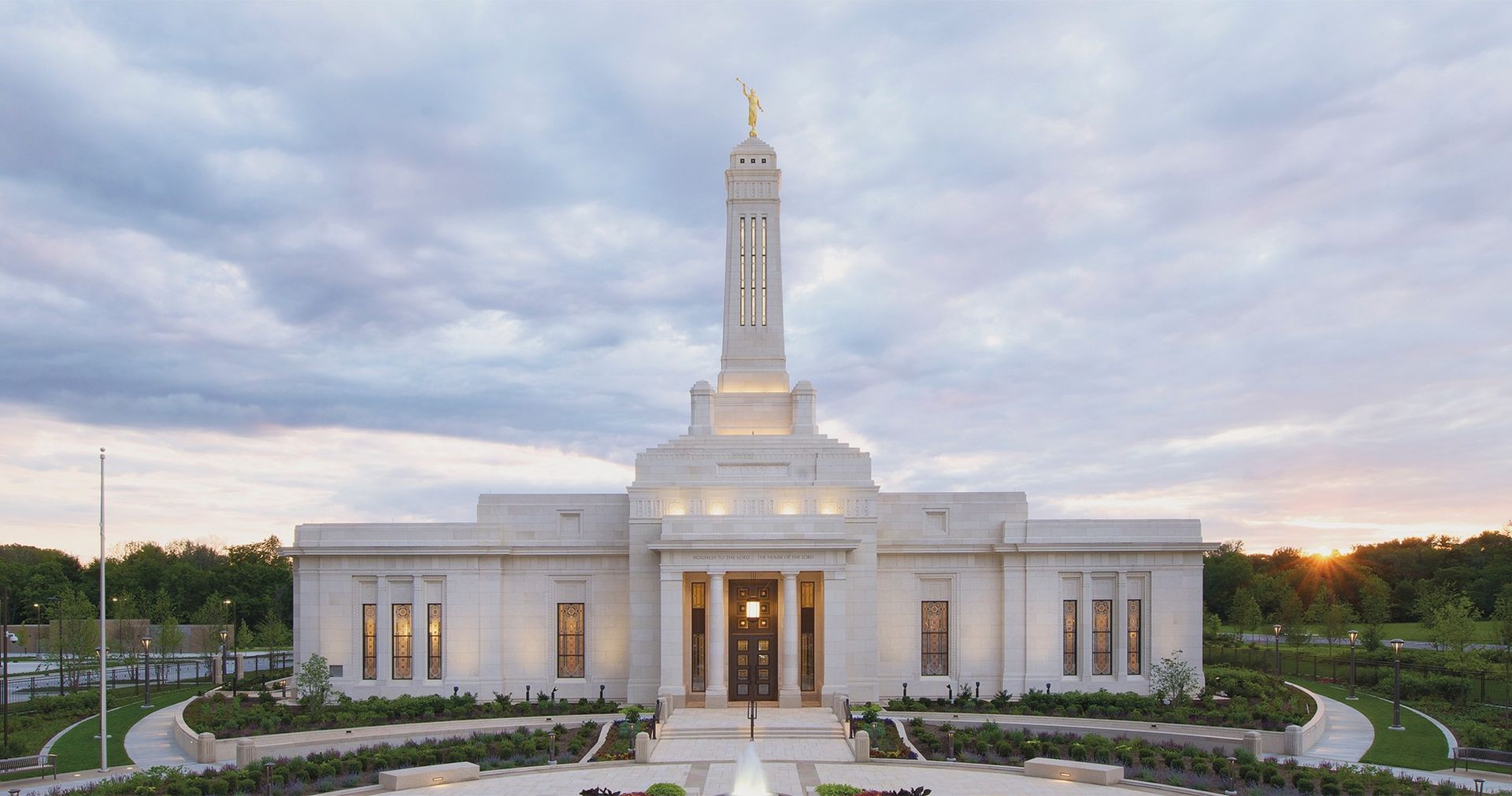 Indianapolis Indiana Temple exterior at sunset.