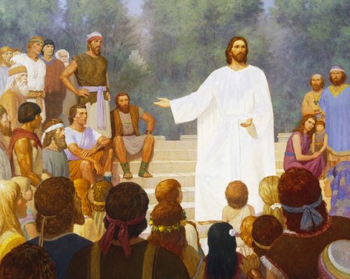 A painting of Jesus Christ in the Americas with the twelve disciples.