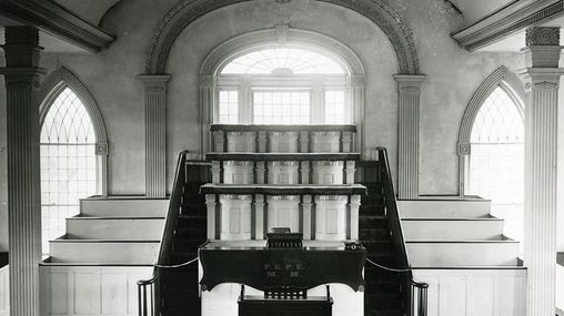 Interior of the Kirtland Temple.