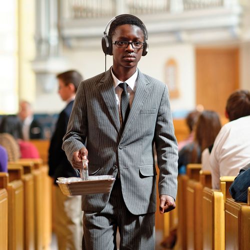 um rapaz usando fones de ouvido e carregando uma bandeja do sacramento