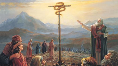Moses pointing to a staff with a brass serpent