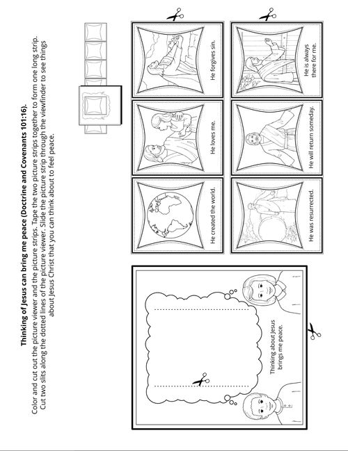 Line art drawing features a viewfinder where smaller pictures depicting scenes of peace are shown.