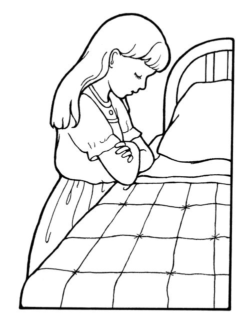 A black-and-white illustration of a girl with long hair folding her arms and bowing her head next to her bed to say a prayer.