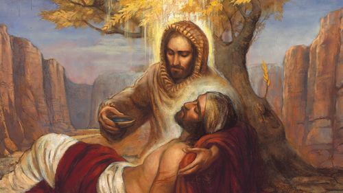 el buen samaritano ayudando a un hombre herido