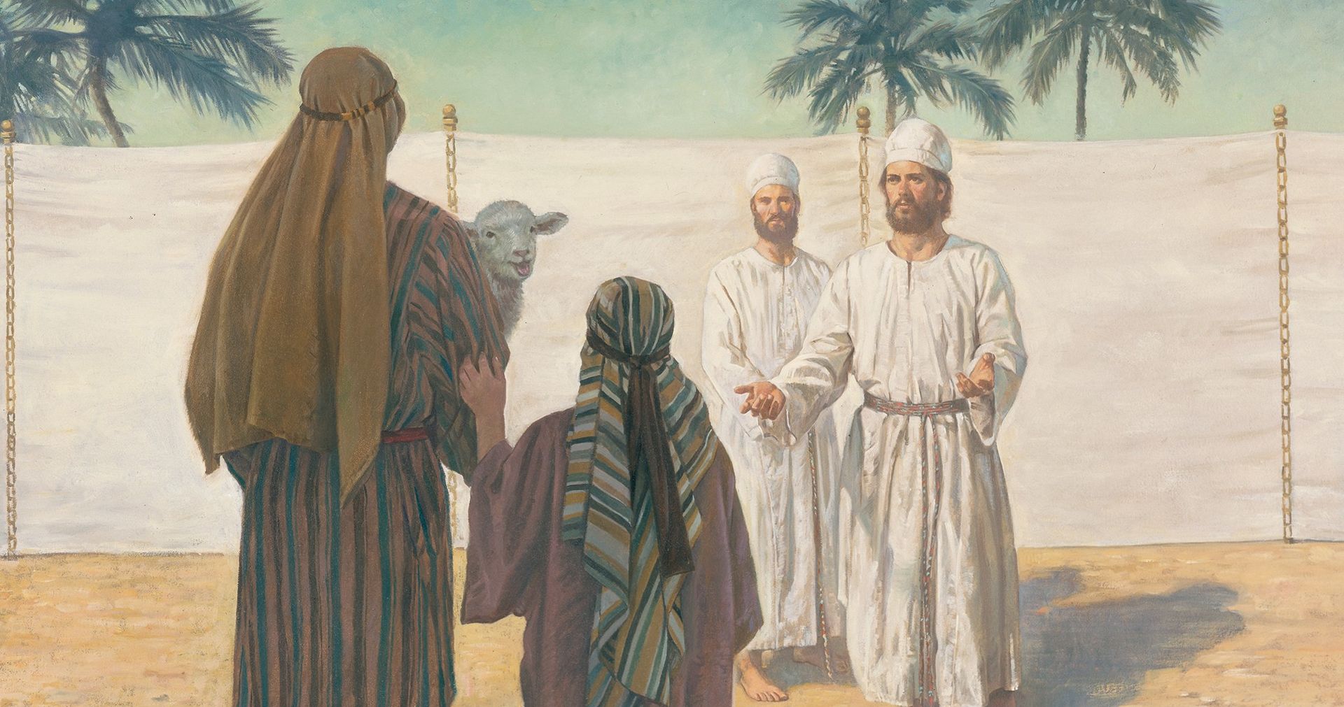 An Old Testament-era man and his young son presenting an unblemished lamb to two Levitical priests. The lamb was presented as an animal sacrifice in accordance with the law of Moses.