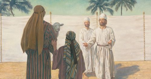 An Old Testament era man and his young son presenting an unblemished lamb to two Levitical priests. One of the priests is reaching for the lamb. The lamb was presented as an animal sacrifice in accordance with the Law of Moses.