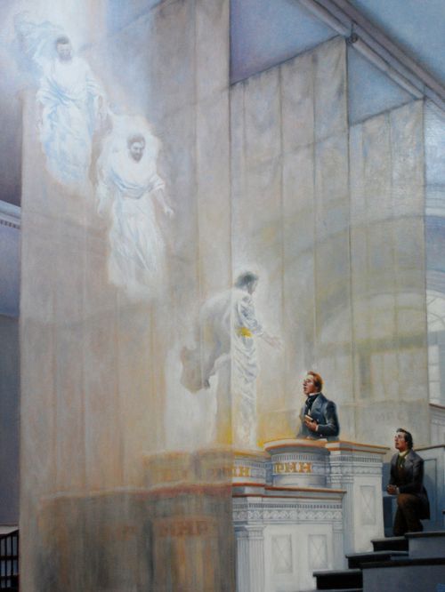 Painting depicts heavenly messengers descending in Kirtland Temple to Joseph Smith.