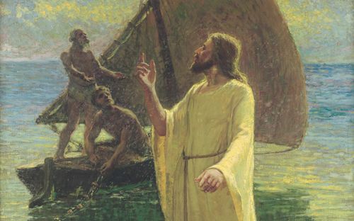 Jésus faisant signe à des hommes dans une barque