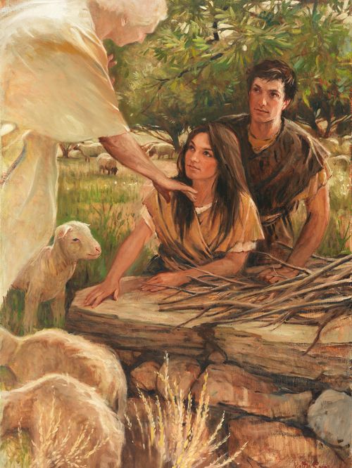 Walter Rane painting of an angel appearing to Adam and Eve as they were making a sacrifice. The angel is instructing Adam and Eve who are kneeling at an altar. A sacrificial lamb is close by and other sheep are in the painting. A scriptural reference that relates is Moses 5: 6-7.