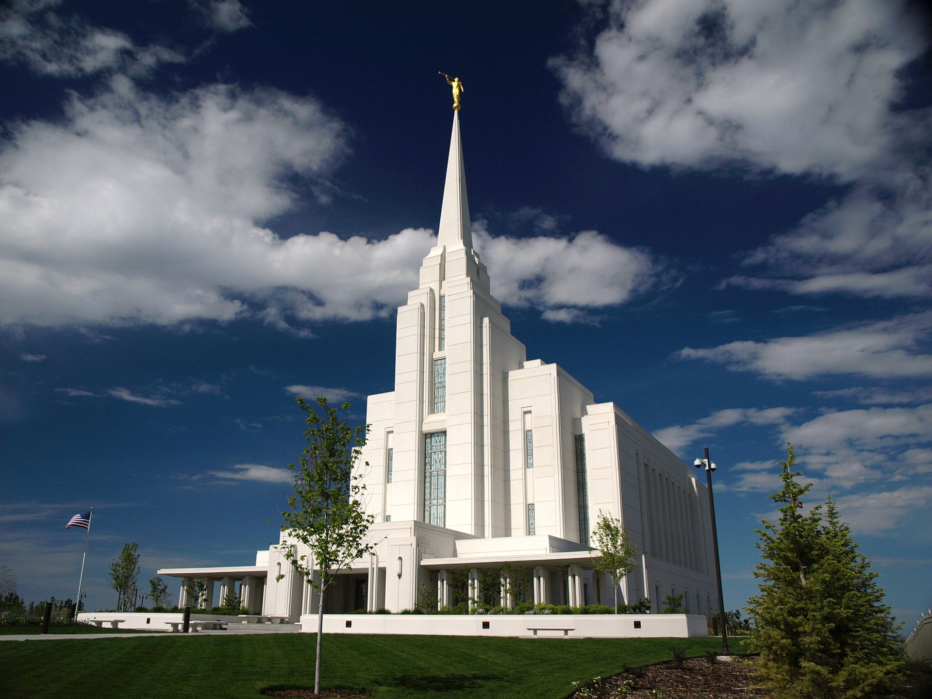 The Rexburg Idaho Temple on a partly cloudy day.