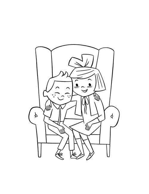 Сандал дээр хамт сууж буй хоёр хүүхдийн зургийг будах PDF хуудас