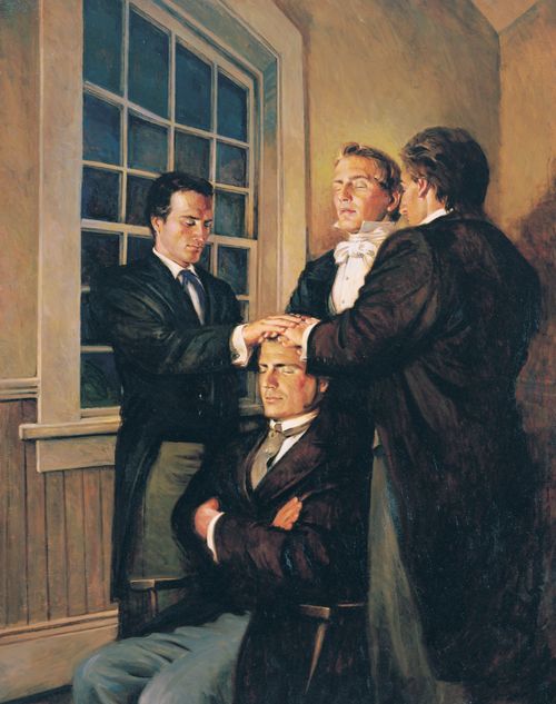A painting by Walter Rane depicting Parley P. Pratt sitting in a chair while Joseph Smith and two other men place their hands on his head and ordain him as an Apostle.