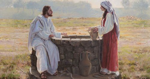 Jesus talking with a Samaritan woman at the well