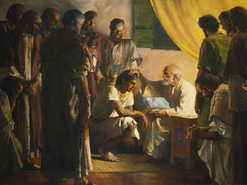 The Old Testament prophet Israel (Jacob) with his sons gathered around him. One of the sons (Joseph) is kneeling before his father. Israel has his hand on the son's head as he prepares to give him a priesthood blessing.