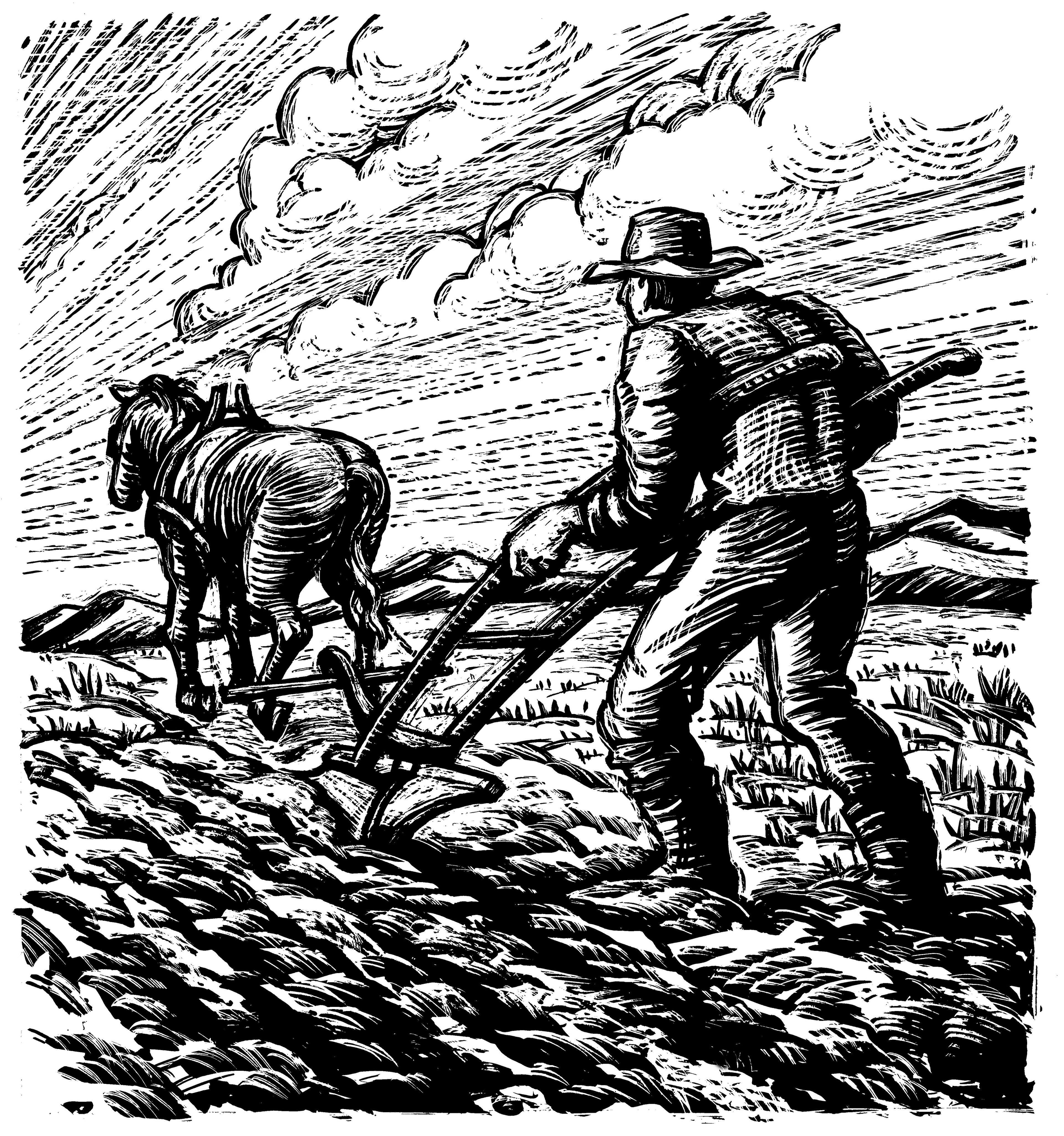 An illustration of a man plowing a field.