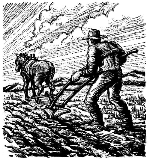 a black-and-white illustration of a man walking behind a horse and plowing a field