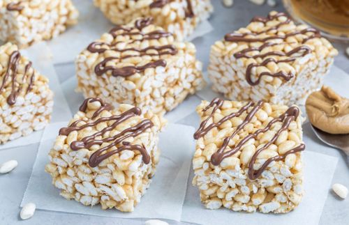 crispy rice treat drizzled with chocolate