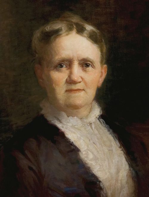 A painted portrait by John Willard Clawson of Martha Horne Tingey against a dark brown background, wearing a brown dress with a lace collar.