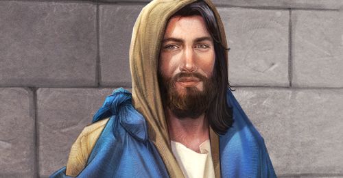 1. illustrasjon: Et varmt, kjærlig bilde av Kristus, med øyne som ser ut mot leseren. 2. illustrasjon: stjerner og galaksen