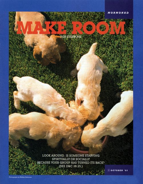 A poster of four dogs eating together from a bowl with another dog left out, paired with the words “Make Room for Everyone.”
