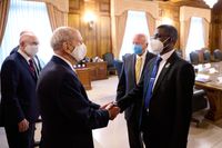 President Russell M. Nelson shakes hands with Naserldeen Mofarih, Minister of Endowment and Religious Affairs for the Republic of the Sudan on Wednesday, May 19, 2021.