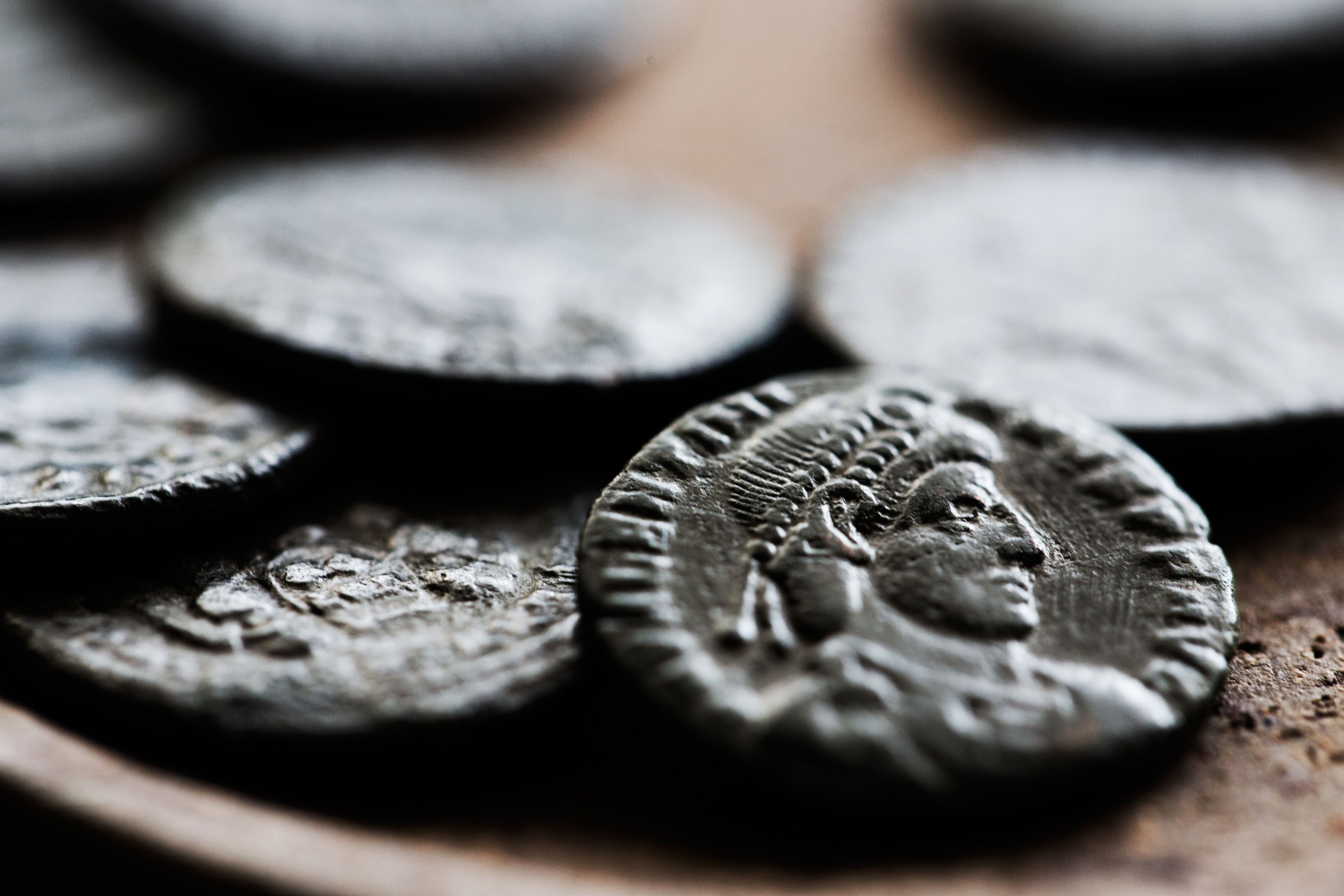 A close-up of some ancient coins.