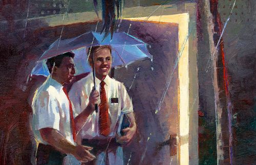 插图：传教士站在雨中敲门