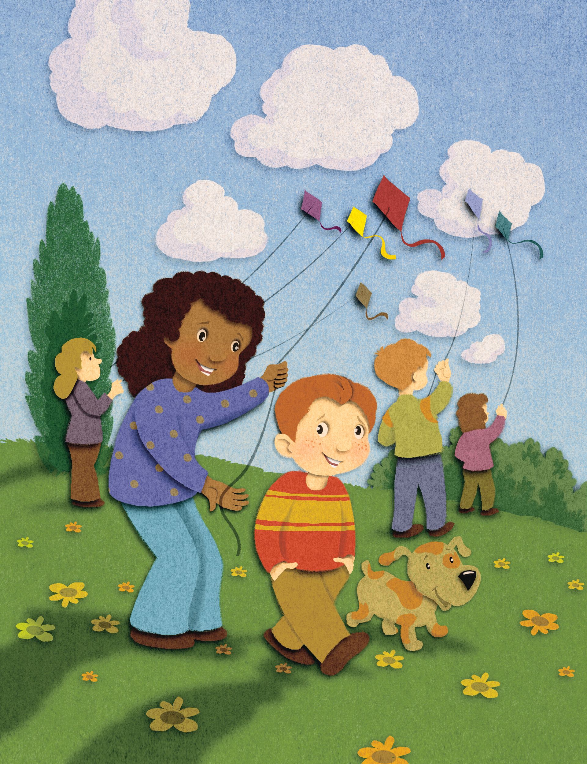 A boy and a girl fly a kite together outside in a park.