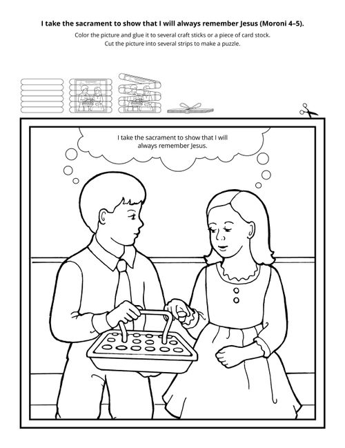 A line drawing of a boy and girl sitting next to each other and taking the sacrament.