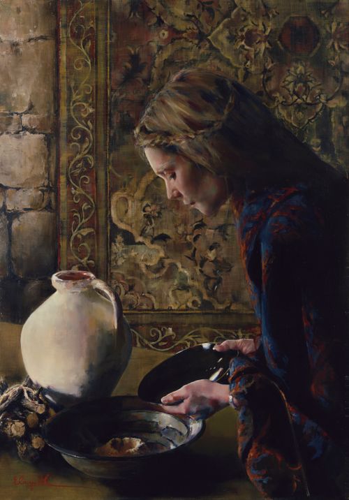 a woman pouring water into a bowl