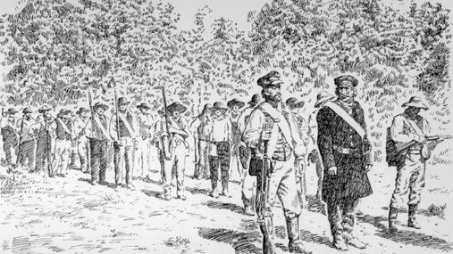 Members of the Mormon Battalion depicted marching through a wooded area.  Most of the men have guns in their hands and are a uniform.