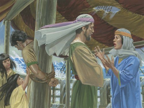 A painting by Jerry Thompson showing Nephi standing and tied with thick rope to a pole while his wife pleads with his older brother to untie him.