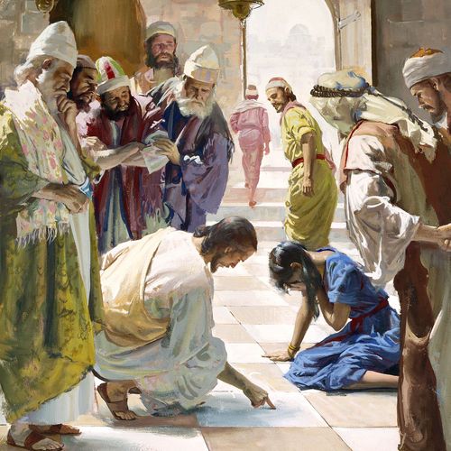 Jesus escrevendo no chão ao lado de uma mulher que chora