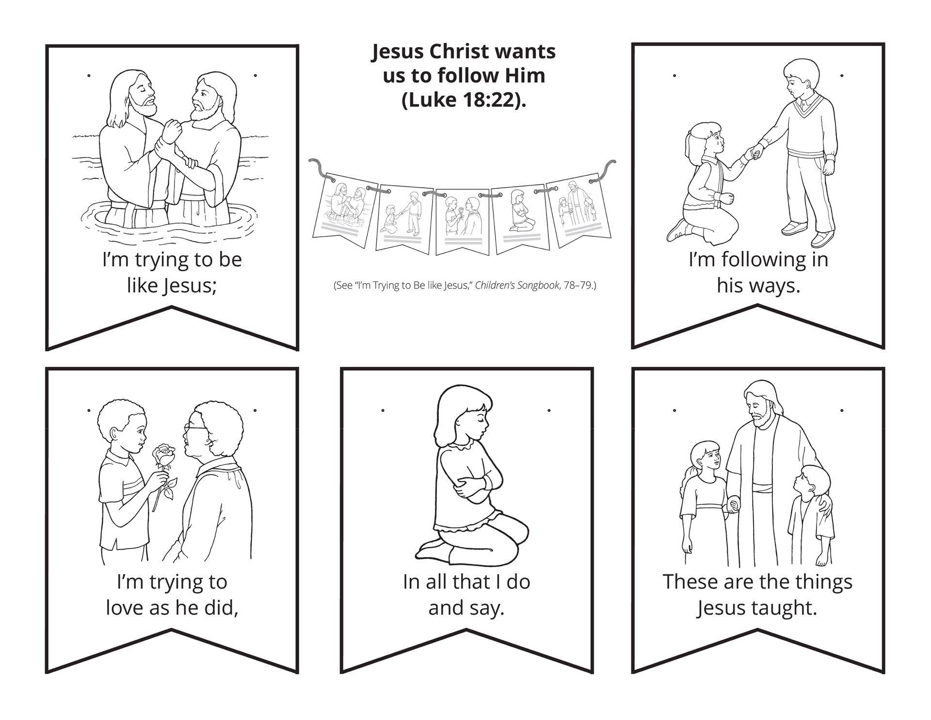 Five illustrations of people following Jesus Christ.
