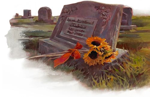 gravestone with sunflowers next to it