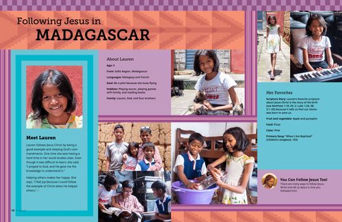 Page PDF of a smiling girl with her family, holding a dog, reading books, cleaning dishes, and playing the piano