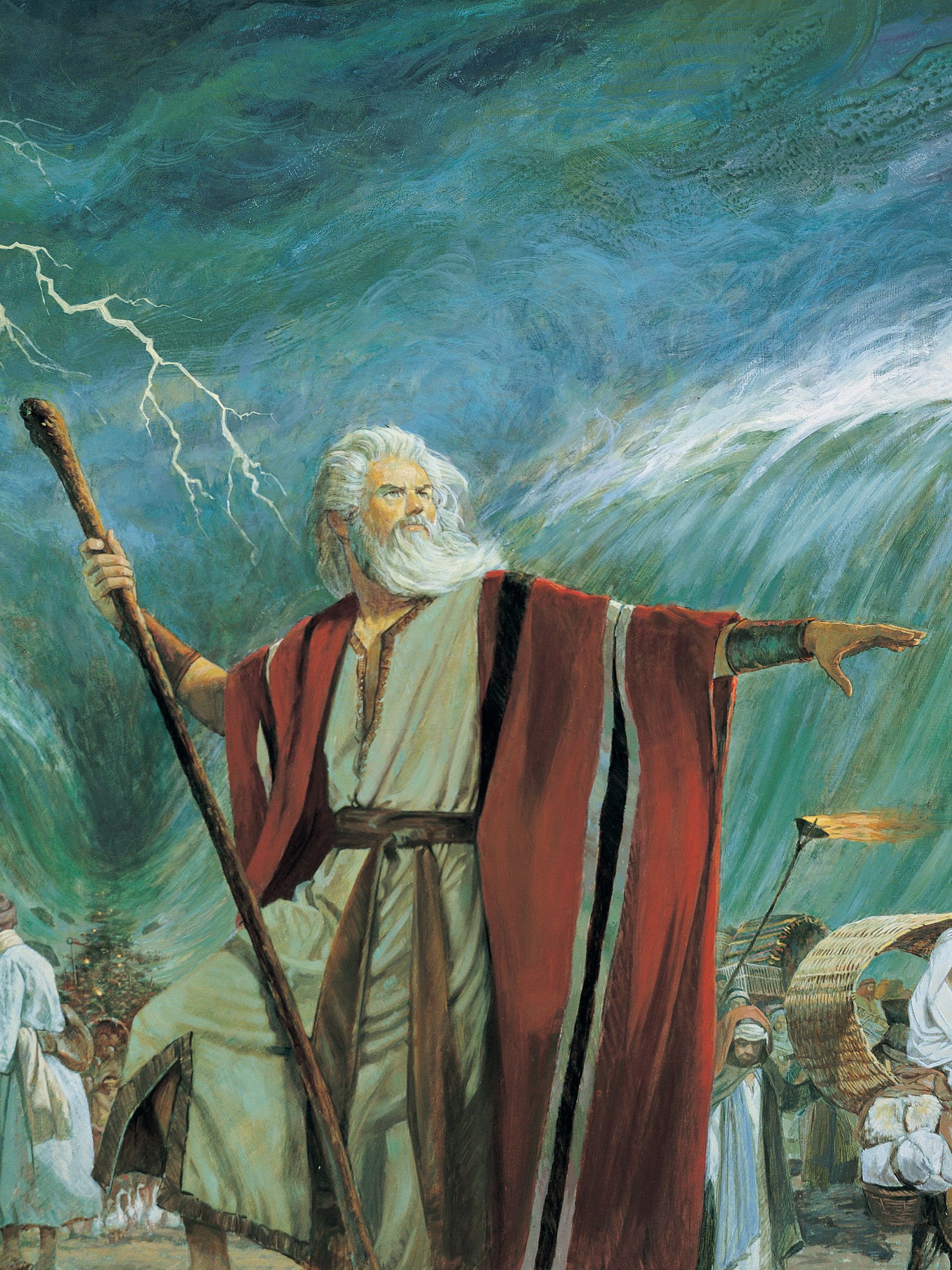 Painting of the the prophet Moses leading his people through the parted Red Sea.