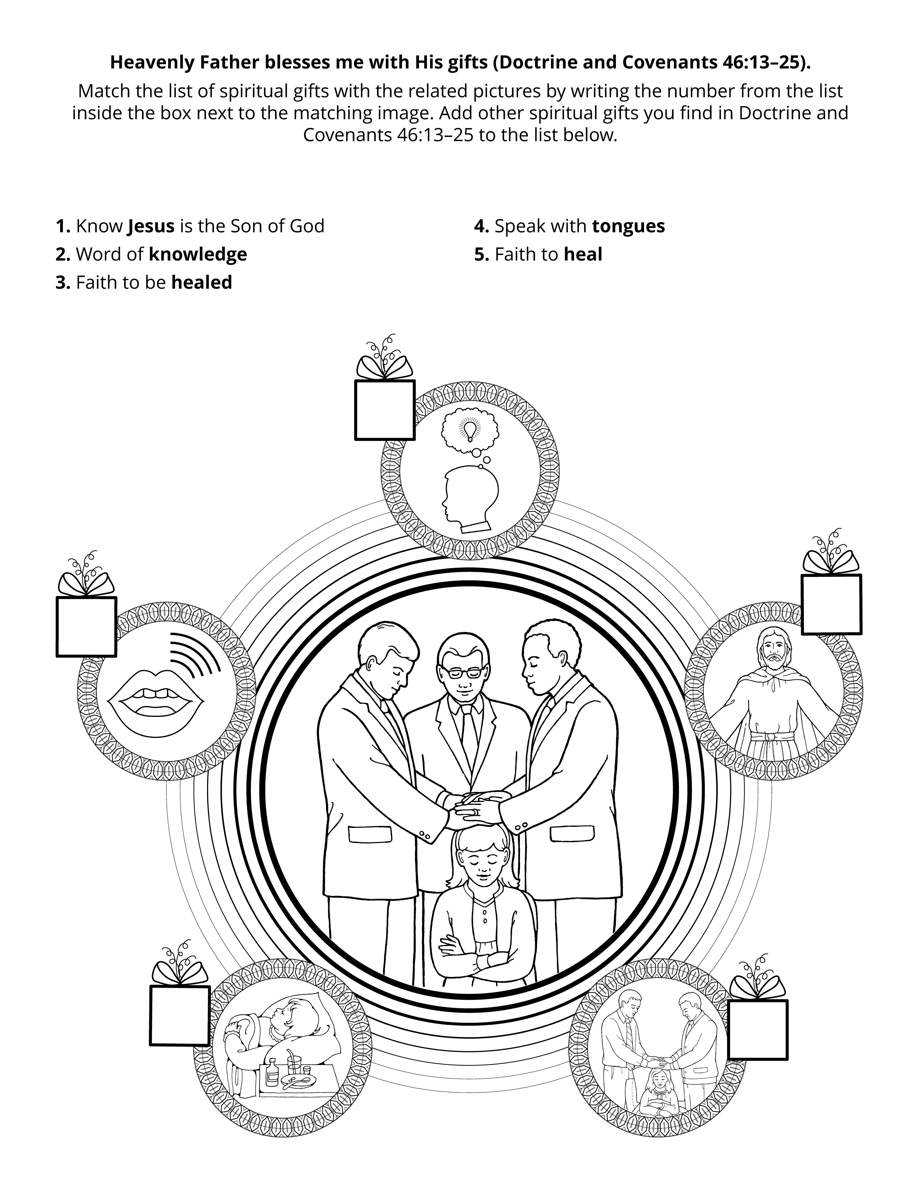 Coloring picture of a priesthood blessing.