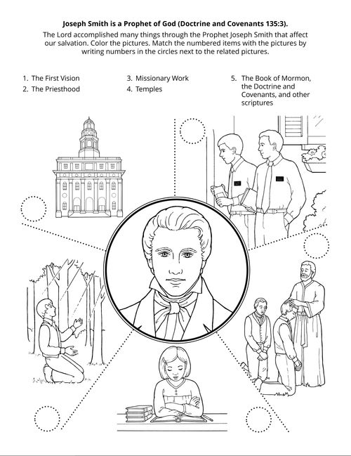 Line art drawing depicts Joseph Smith and highlights aspects of his influence on the work of salvation.