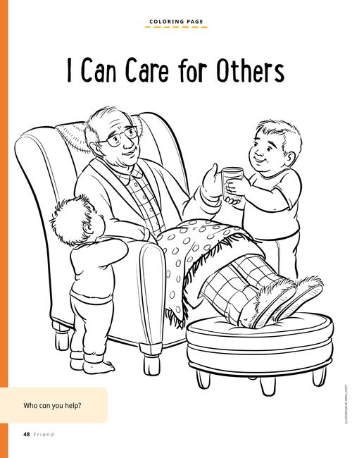 Coloring page PDF of two boys helping an elderly man in a chair