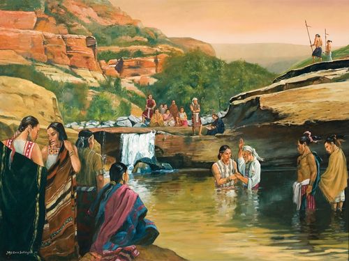 This painting depicts the account found in Mosiah 18, in the Book of Mormon. Alma organizes the Church and baptizes Helam and the rest of the followers by immersion and with the proper authority in the waters of Mormon