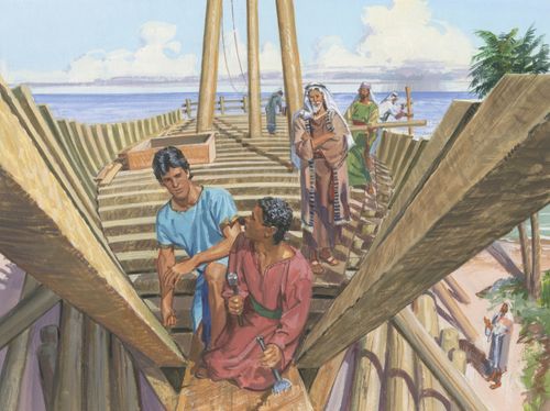 A painting by Jerry Thompson depicting the people of Nephi on the base of a wooden ship, carrying wooden poles and using tools to build the ship.