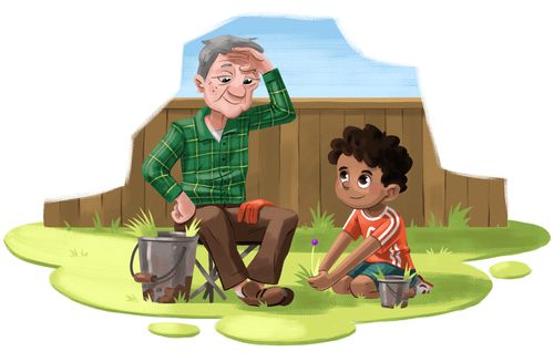 1. First spot illustration is of the figure, Antonio, entertaining his little brother Zach. Antonio is probably 7-9 years old and Zach is perhaps 1 year old. 2. Second spot illustration is of Antonio catching a spider. His sister is in the background looking scared. 3. Third spot illustration is of Antonio with his next door neighbor, Mr Wakefield. They are weeding a garden. Mr Wakefield is older. and he might be wiping the sweat off his brow.