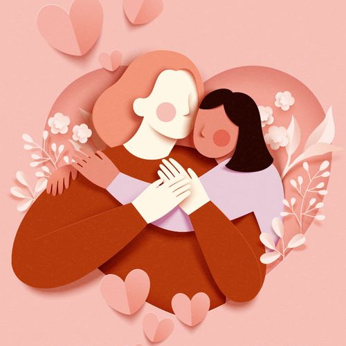 an illustration of a young girl putting her arms around her mother