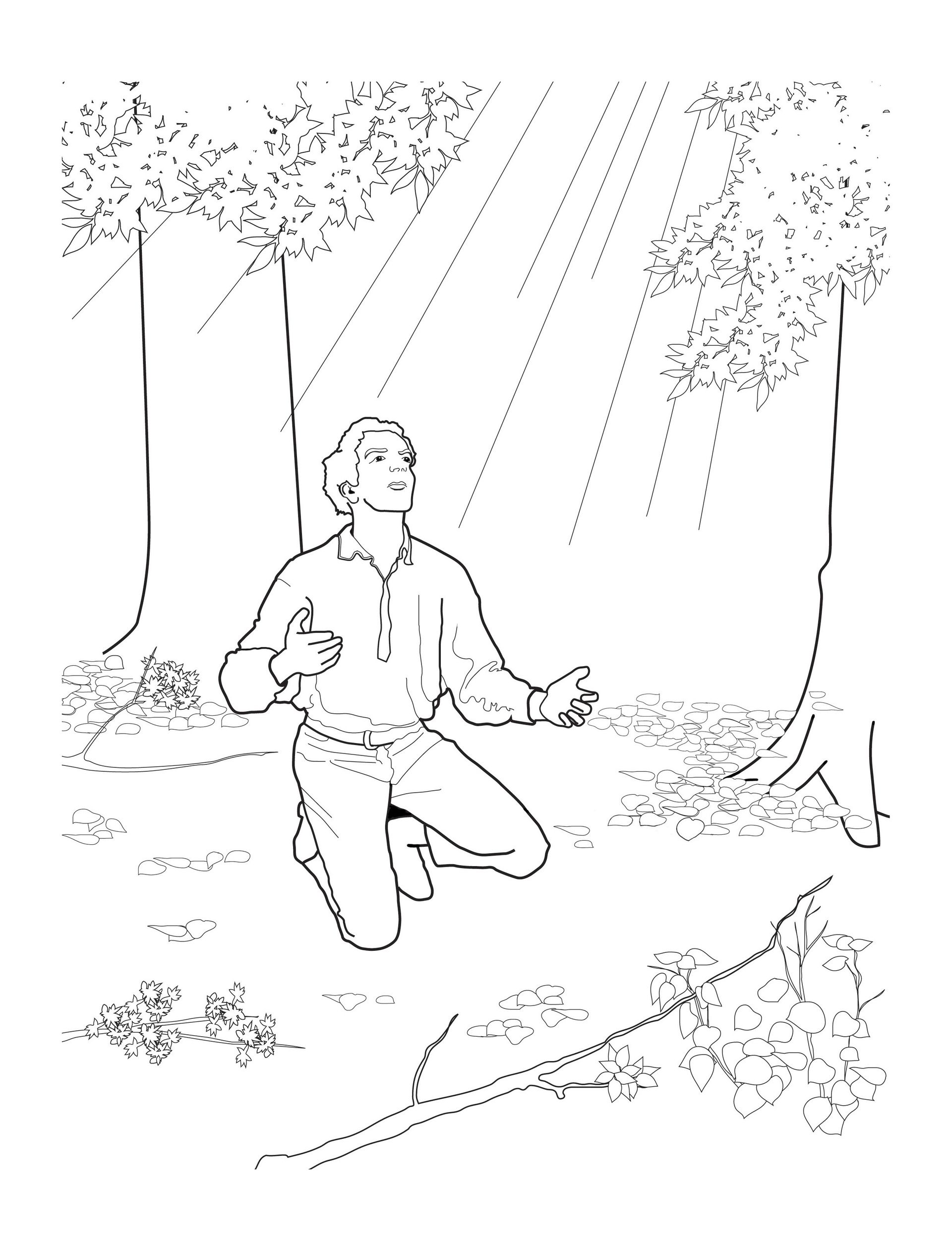 Joseph Smith kneels and prays in a grove of trees.