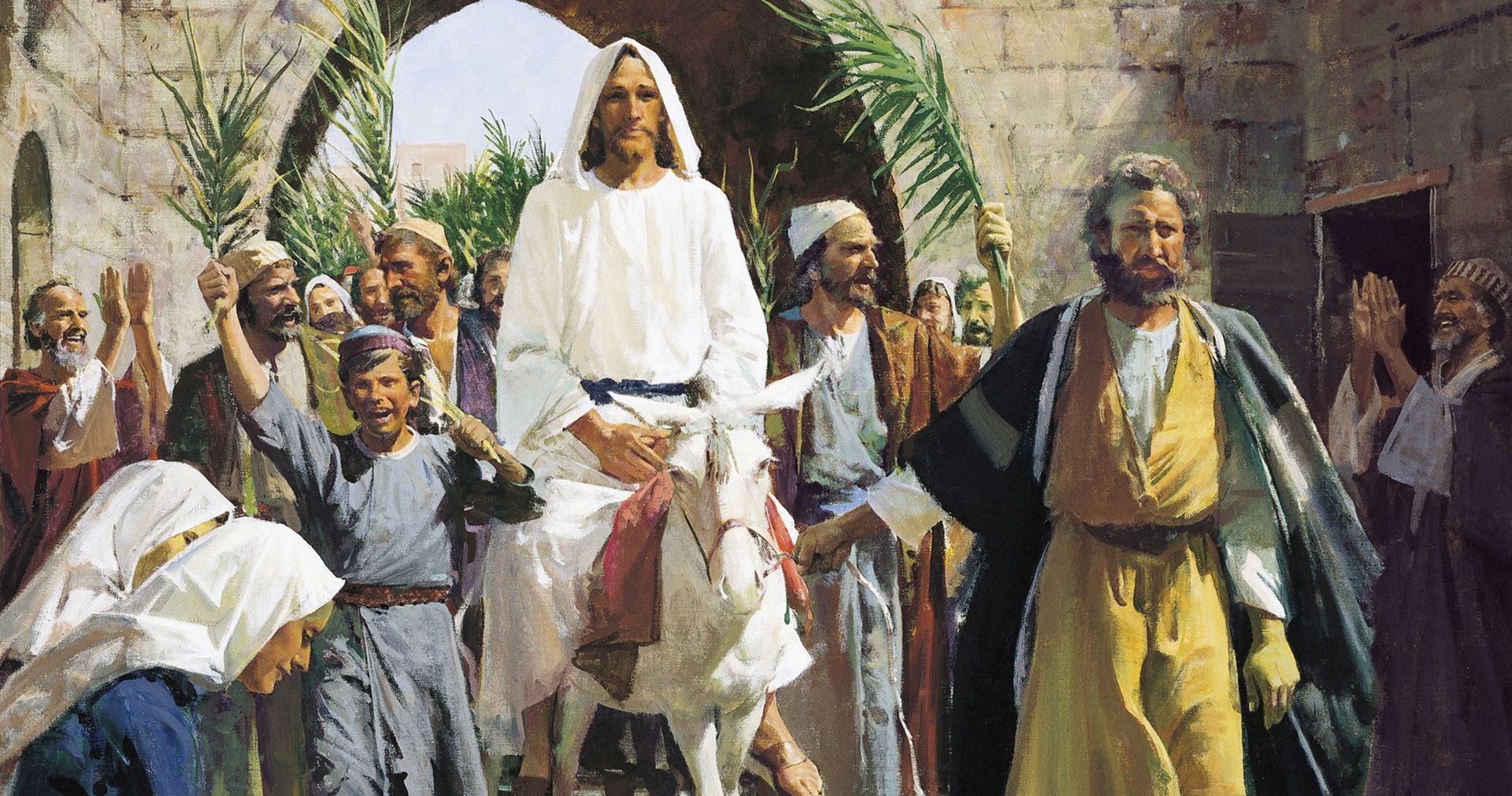 Painting of Jesus Christ riding a white donkey through a crowd of cheering people, some of whom are waving palm fronds.
