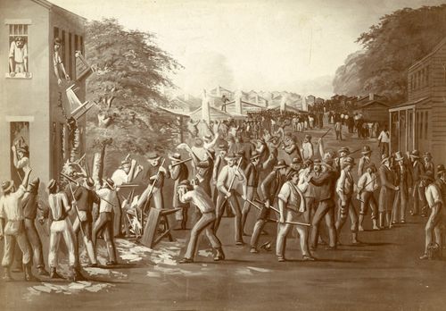illustration of a mob of men raiding a printing office