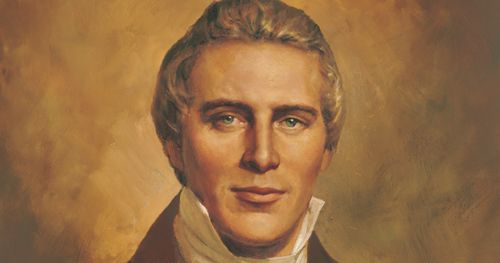 Painting depicts a half portrait of a mature Joseph Smith.