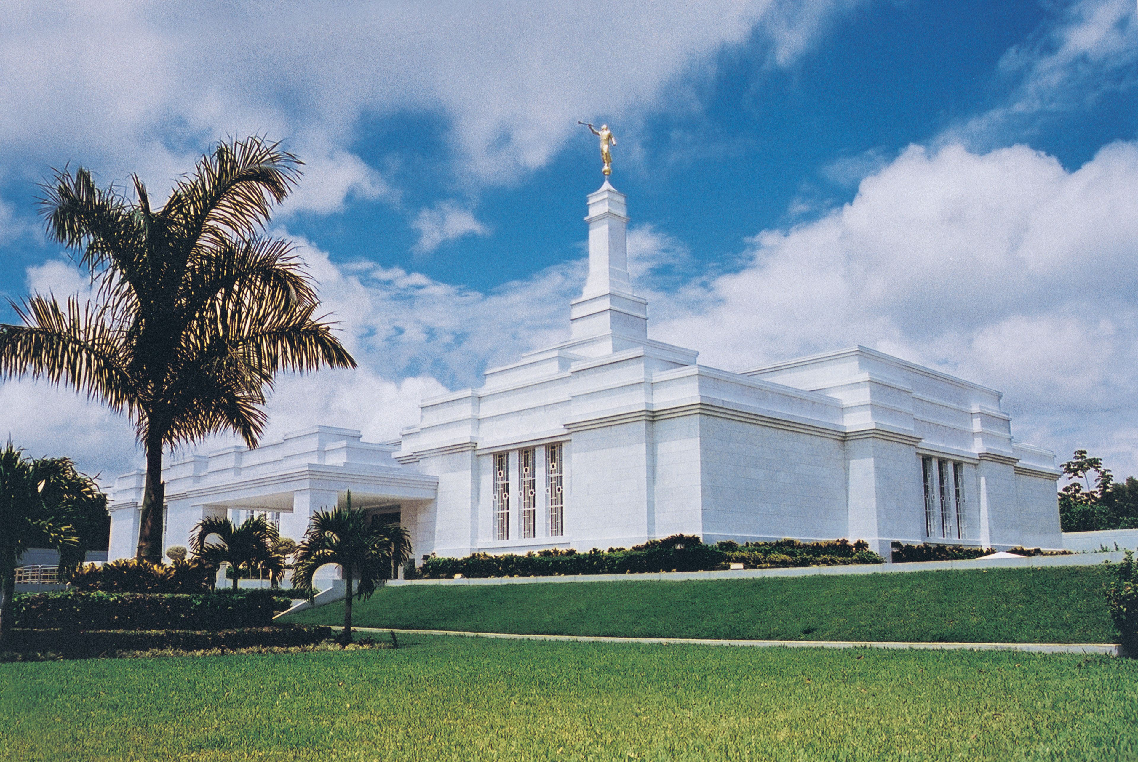 The Villahermosa Mexico Temple, with a large palm tree growing on the grounds.