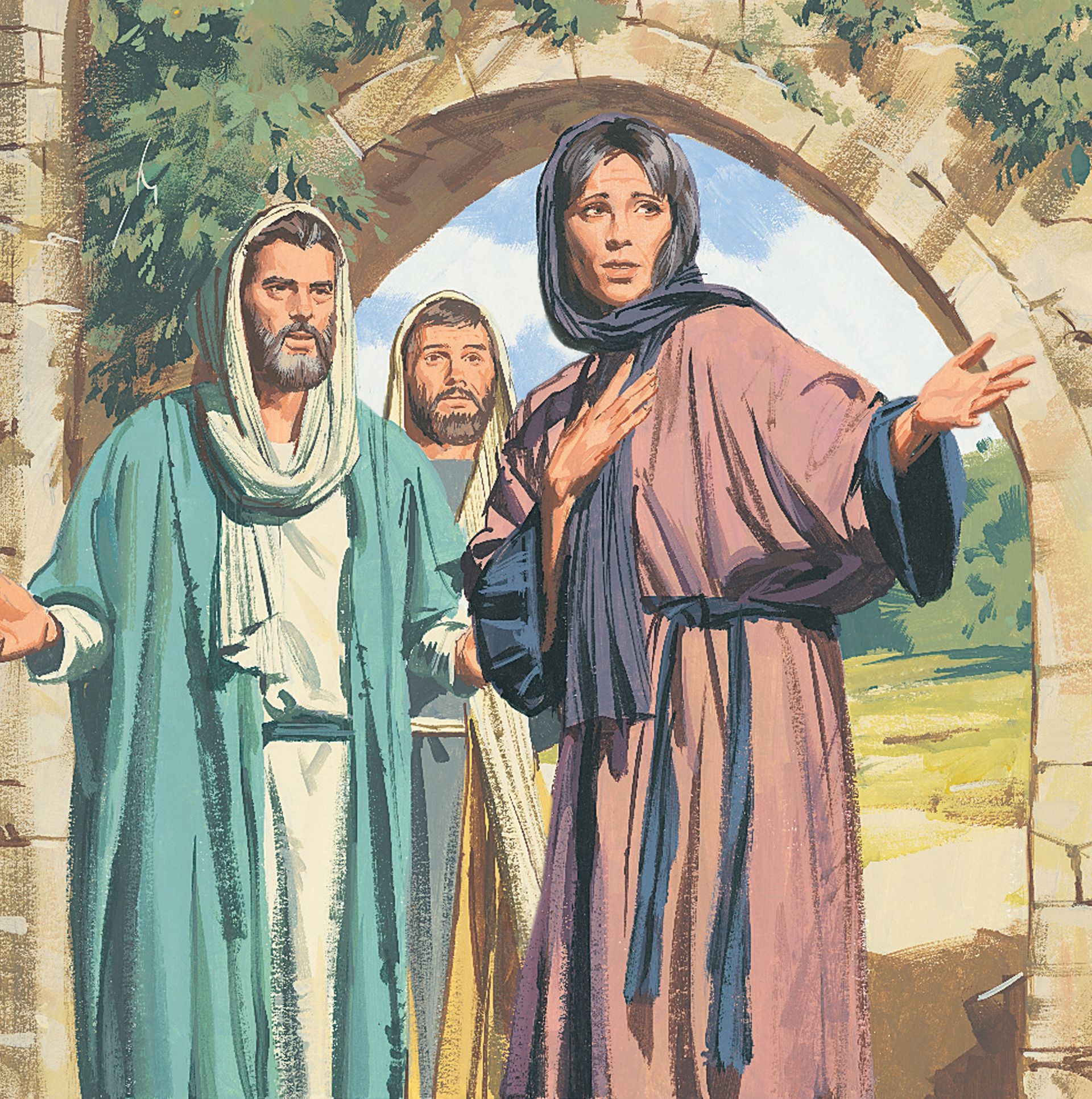 An illustration by Paul Mann of Mary Magdalene telling Peter and John that Christ’s body is gone.
